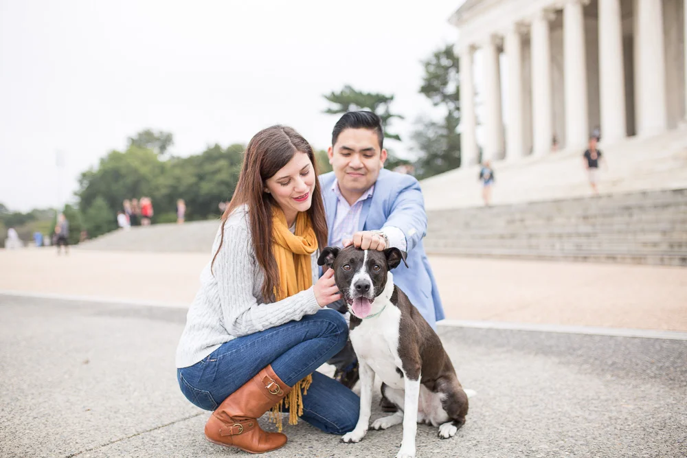 Engagement pictures with their dog in front of the Jefferson Memorial | Best Washington DC Engagement Photo Locations