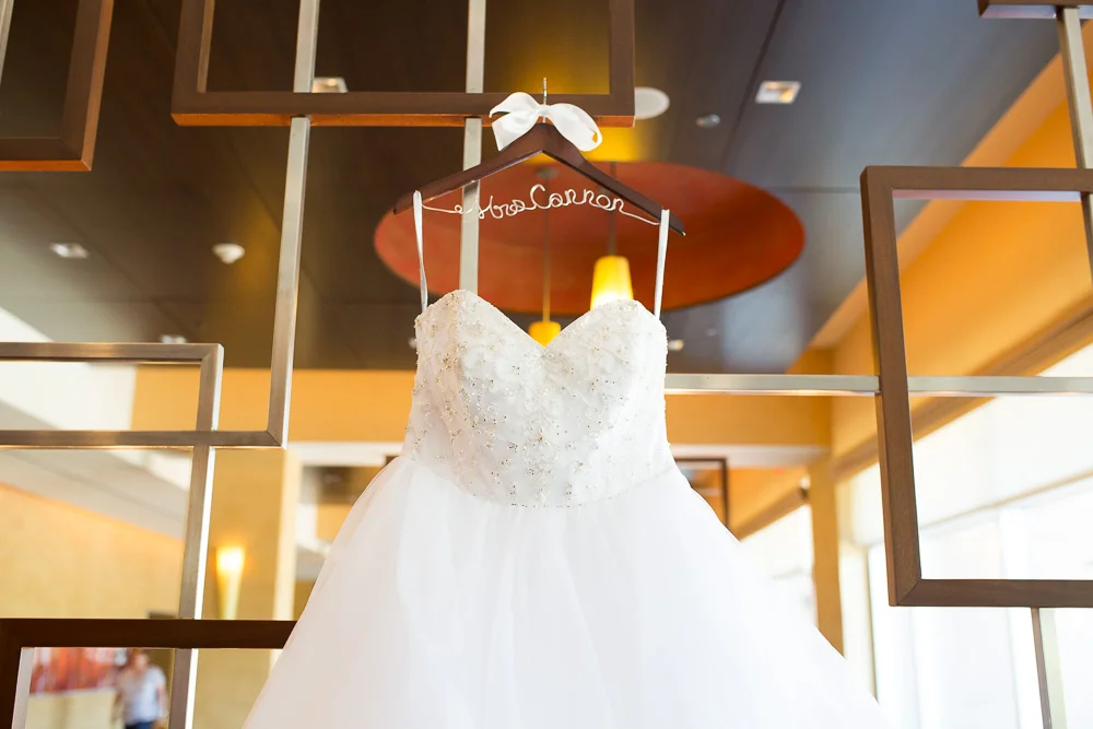 Wedding dress with bride hanger in the lobby of the Westin Washington Dulles Airport Hotel