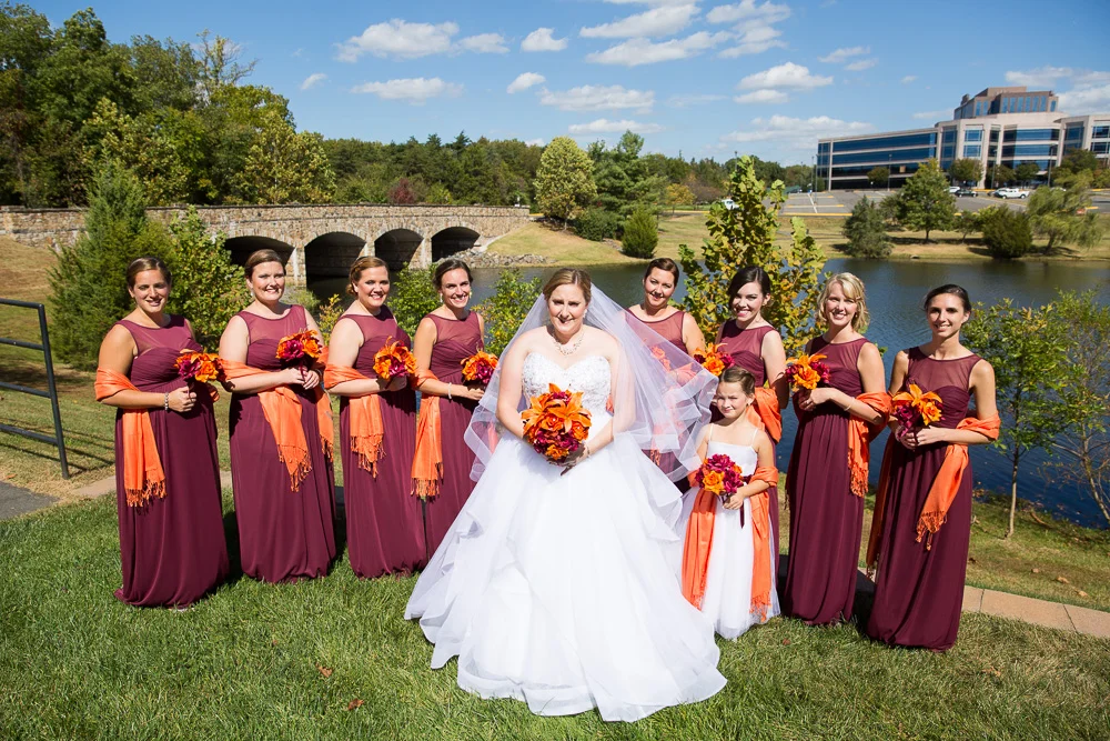 Bride and bridal party in front of the lake | Westin Washington Dulles Wedding Photos