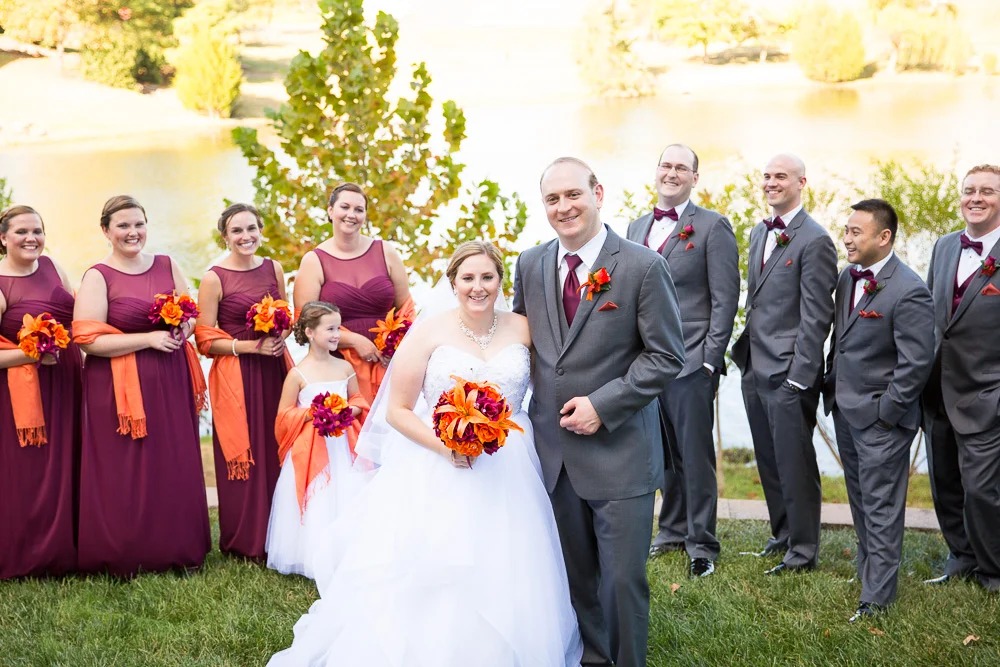 Wedding party photo in front of the lake at Westin Washington Dulles