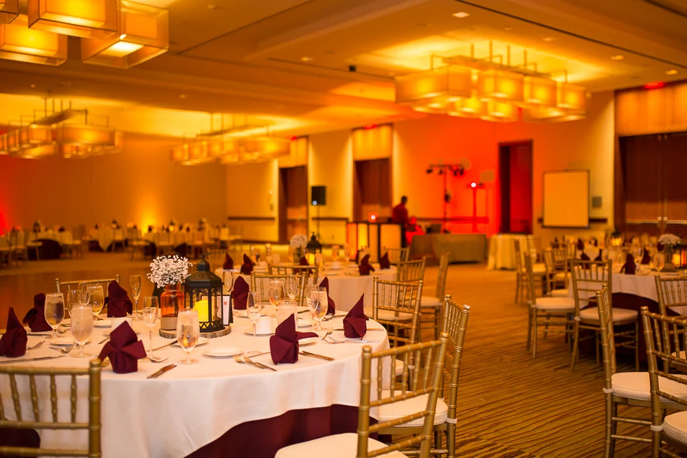Wedding reception hall at Westin Washington Dulles Hotel | Burgundy and orange Virginia Tech Wedding