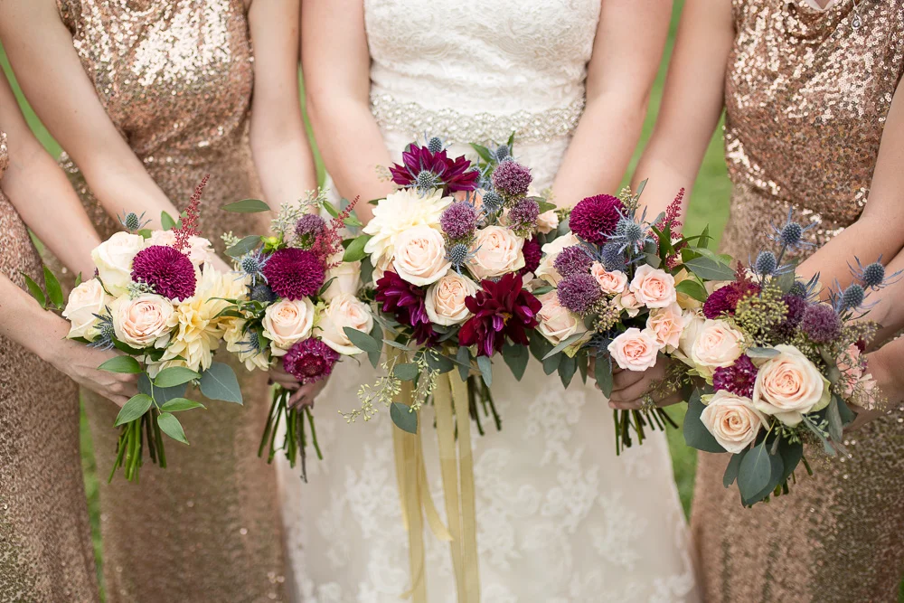 Beautiful maroon, blush, and gold wedding bouquets from The Arranger's Market | Richmond Virginia Wedding Florist | Megan Rei Photography