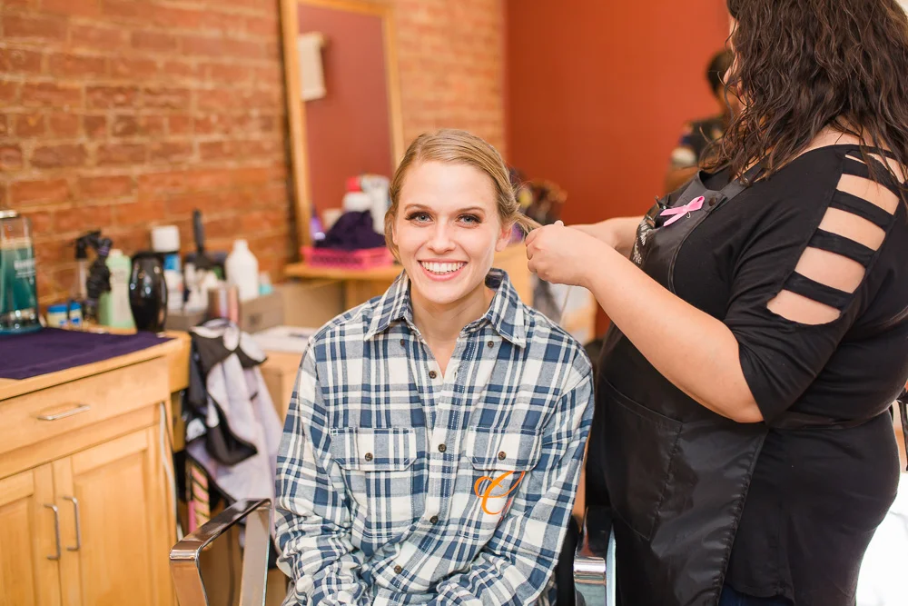 Bride getting her hair styled at Salon on Main, Remington Virginia