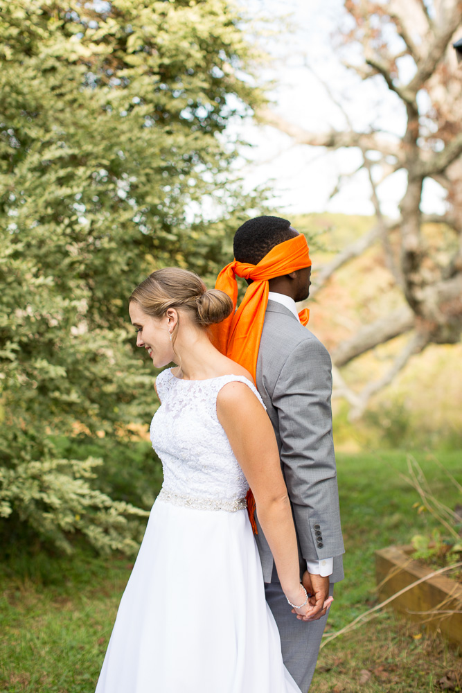 Bride and groom at the First Look No Peek in Culpeper, Virginia | Mountain Run Winery Wedding