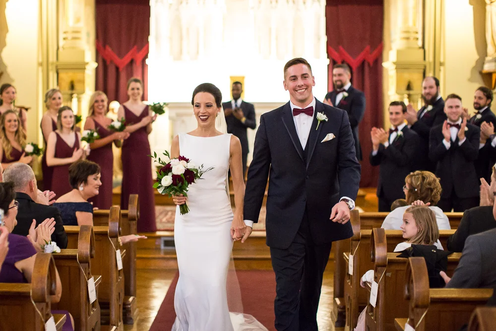 Just married at Chapel Hill, Rochester NY | Candid Wedding Photographer | Navy and Burgundy Fall Wedding Ceremony | Megan Rei Photography