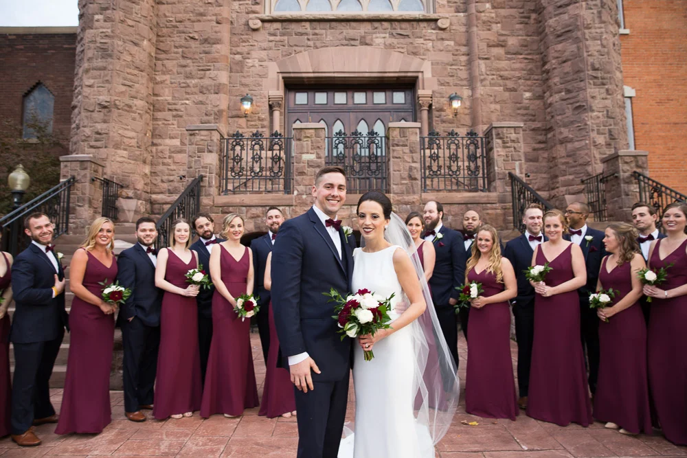 Navy and burgundy wedding party in front of Chapel Hill | Best Wedding Photographers in Rochester NY | Megan Rei Photography
