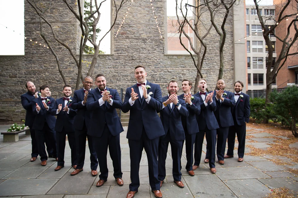 Funny groomsmen photo | Mighty Ducks and the Flying V | Candid Wedding Photographer in Rochester, NY | Navy suits by Joseph Abboud at Men’s Wearhouse