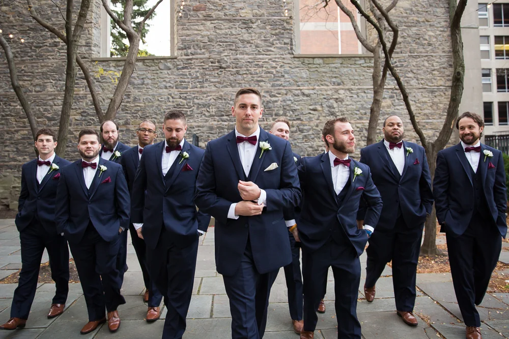 Groom and groomsmen in navy suits from Men’s Wearhouse, Rochester NY