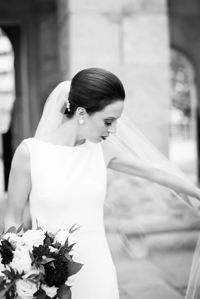 Classic bridal portrait in black and white | St. Joseph’s Park, Rochester NY | Bridal hair and Makeup by Polished Salon