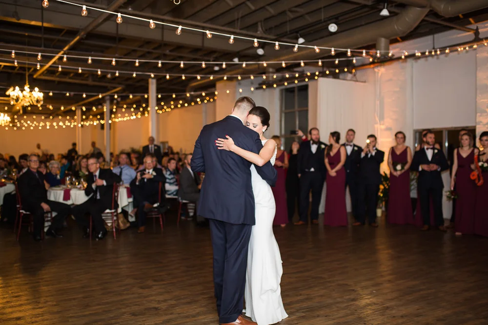 First dance with twinkle lights at Arbor Loft | Best Rochester Wedding Venues | Megan Rei Photography