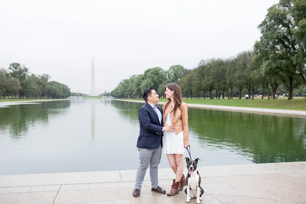 Engagement dog at the Washington Monument and Reflecting Pool | Washington DC Engagement Photographer | Best Locations for Engagement Photos in DC