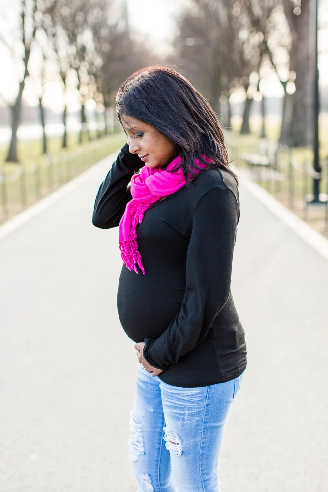 Mama-to-be during her DC maternity shoot near the Reflecting Pool