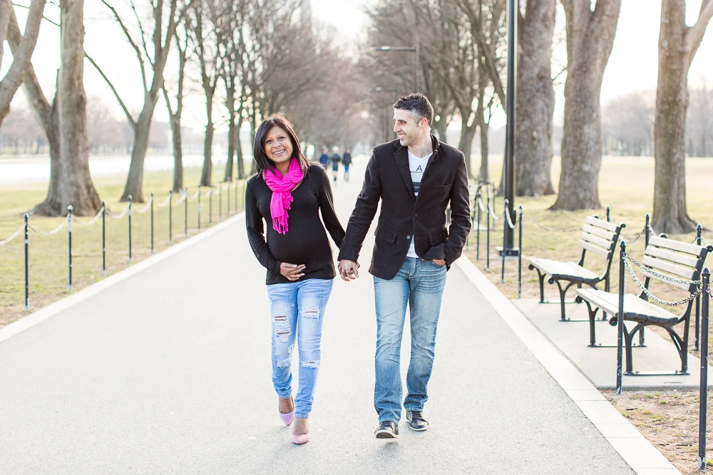 Walking on the path near the Reflecting Pool | Washington DC Maternity Session