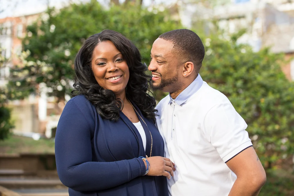 Cute couple laughing in Meridian Hill Park | Candid DC Engagement Photographer