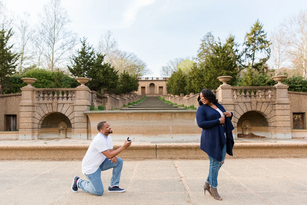 Surprise proposal photography in front of the fountain and staircase at Meridian Hill Park | Washington DC Proposal Photographer | Megan Rei Photography