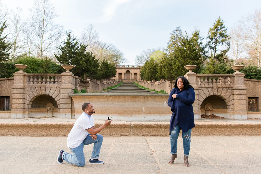 Proposal pictures at Meridian Hill Park fountain | Best Places in DC for Wedding Proposal Photos | Megan Rei Photography