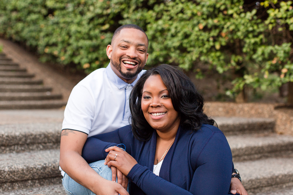Newly engaged couple on the staircase of Meridian Hill Park | Best Places for Engagement Pictures in Washington, DC