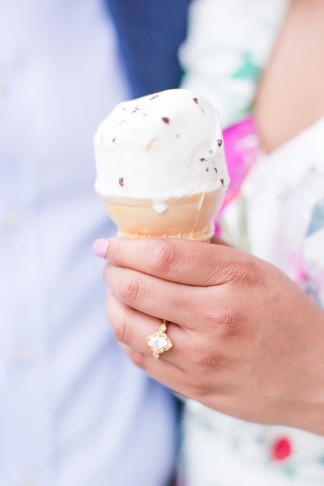 Ice cream from Trickling Springs Creamery and ring from Isabel Bond | Washington DC Engagement Photographer | Megan Rei Photography