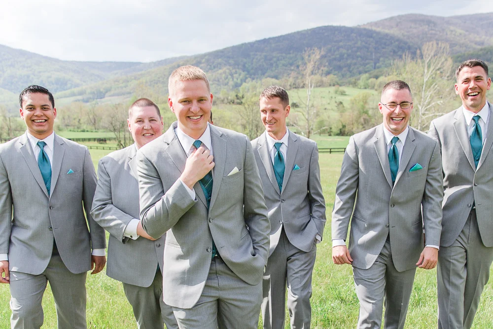 Groom and groomsmen with Blue Ridge Mountains in the background