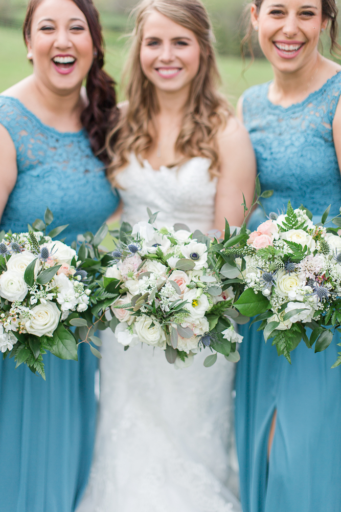 Wedding bouquets from Foxtail Cottage, Charlottesville Wedding Florist | Light blue bridesmaid dresses from David's Bridal | Megan Rei Photography
