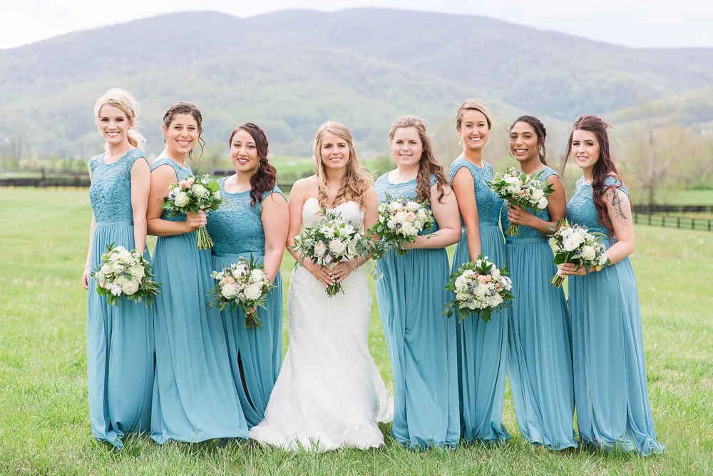 David’s Bridal long teal bridesmaid dresses at King Family Vineyards in Crozet, Virginia | Charlottesville Wedding Photographer | Megan Rei Photography