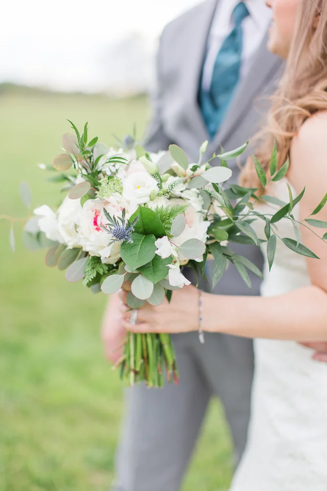 White, green, and blush wedding bouquet from Foxtail Cottage Floral | Best florists near Charlottesville, Virginia