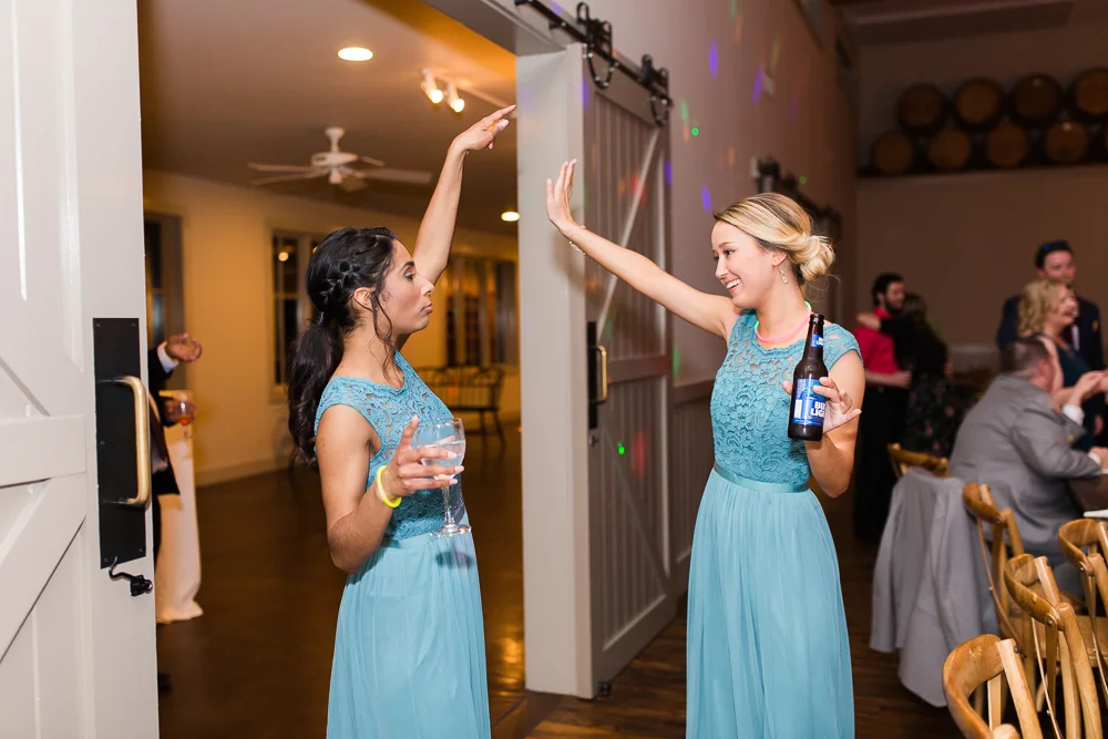 Bridesmaids dancing during the wedding reception in Crozet, VirginiaBridesmaids dancing during the wedding reception in Crozet, Virginia