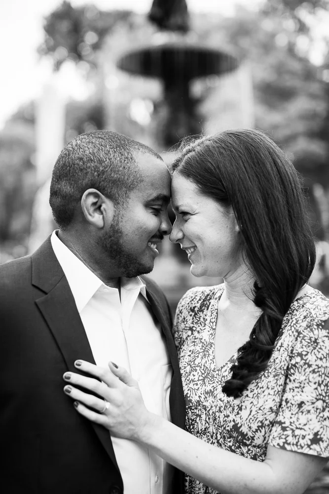 Black and white photo of the happy couple during their engagement shoot