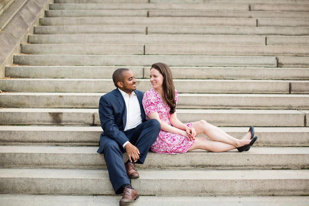 Posing on the steps at Bethesda Terrace | Best places for engagement photos in Central Park | NYC Engagement Photographer