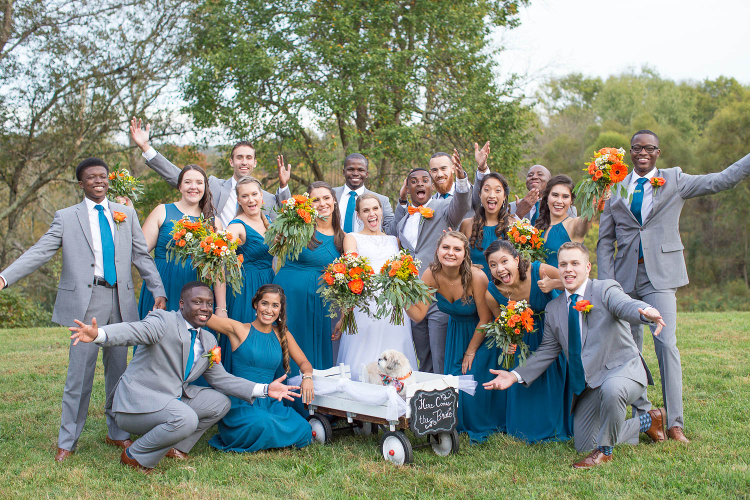 Teal and orange wedding party