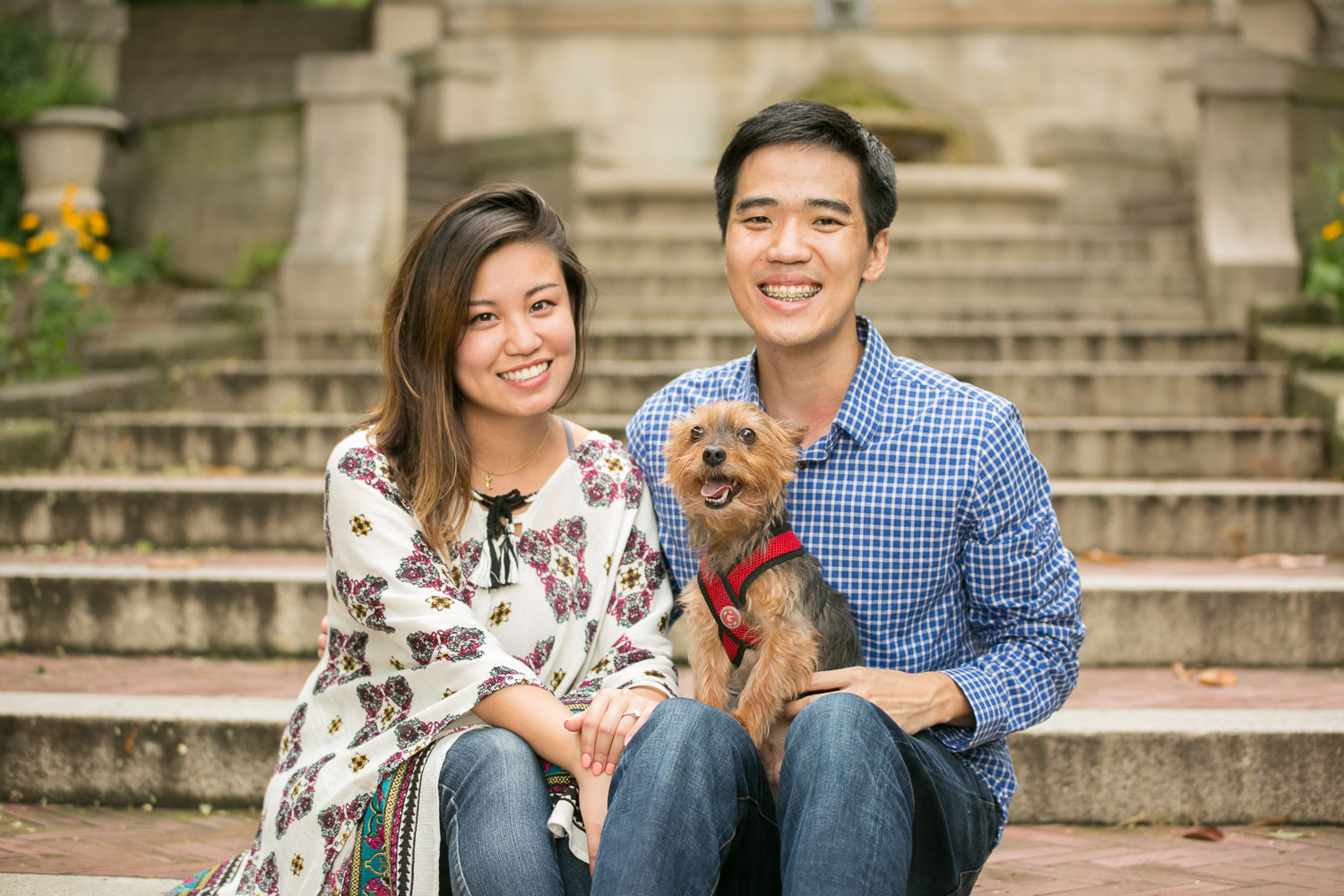 Smiling yorkie with his parents