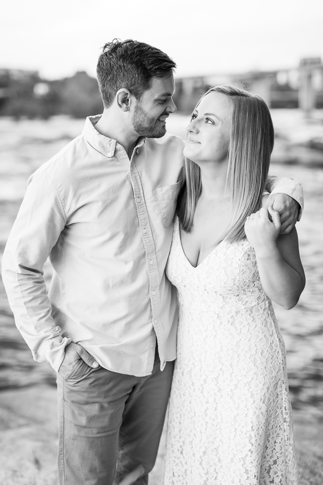 Black and white engagement picture at Belle Isle