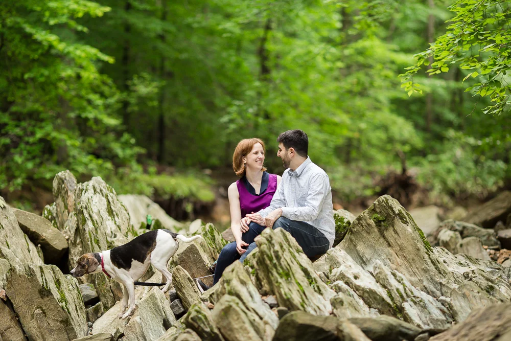Smiling couple with their dog on the rocks at Scott’s Run Nature Preserve in Northern Virginia