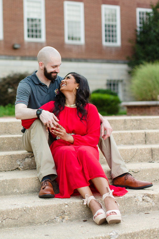 Engagement photos on the steps of the McKeldin Library