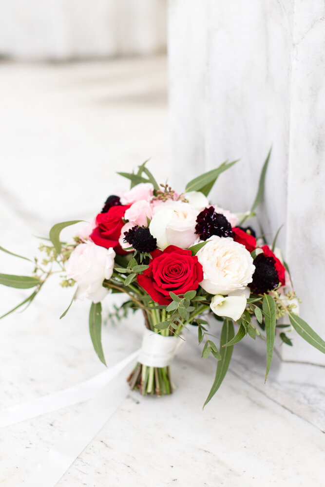 Red white and pink bouquet from Petal's Edge