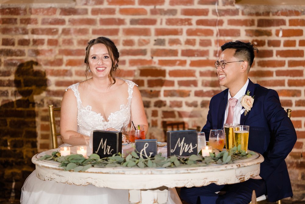 Wedding couple laughing during toasts