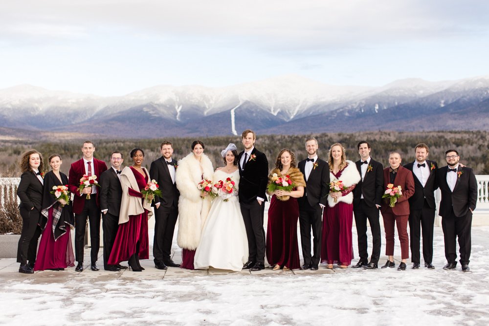 Winter wedding party at Omni Mount Washington Resort