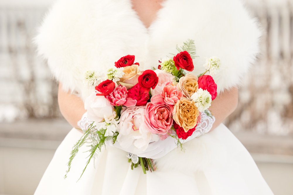 Brightly colored bridal bouquet for a winter wedding