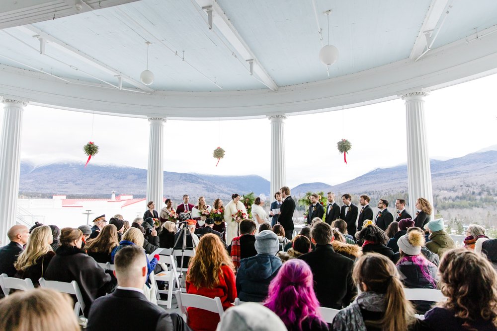 Wedding ceremony views on the veranda at the Omni Mount Washington Resort