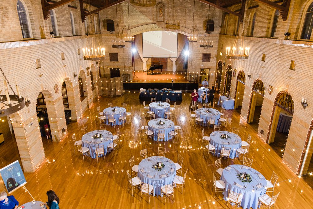 Overhead view of wedding reception at St. Francis Hall