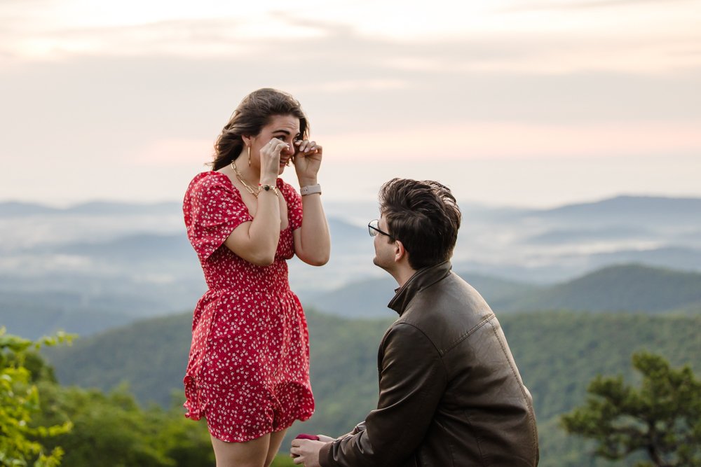Tearing up during a surprise proposal on Skyline Drive
