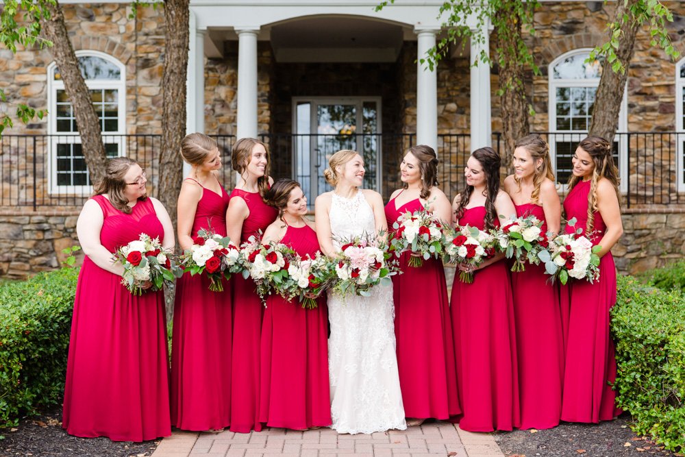 Bride and bridesmaids in front of the Piedmont Club clubhouse