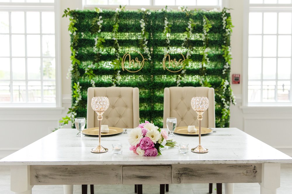 Sweetheart table with Mr. and Mrs. greenery wall