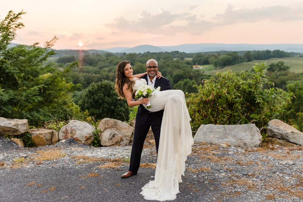 Sunset wedding photos with Blue Ridge Mountain views in Virginia