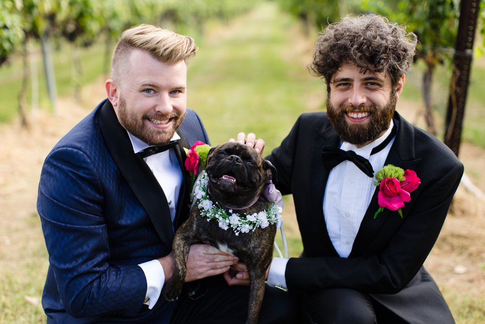 Two grooms with their dog on their wedding day