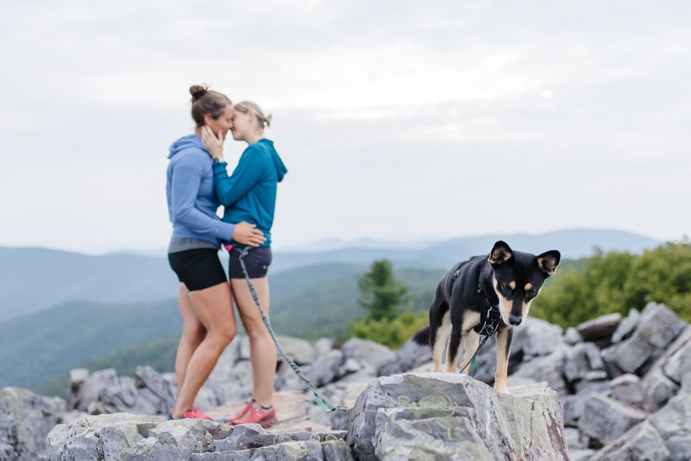 Engaged couple with their dog in Shenandoah National Park