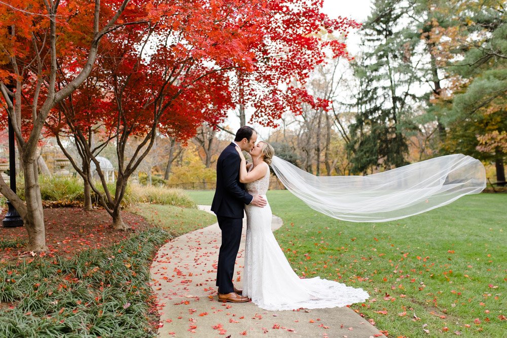 Bride and groom fall wedding portrait