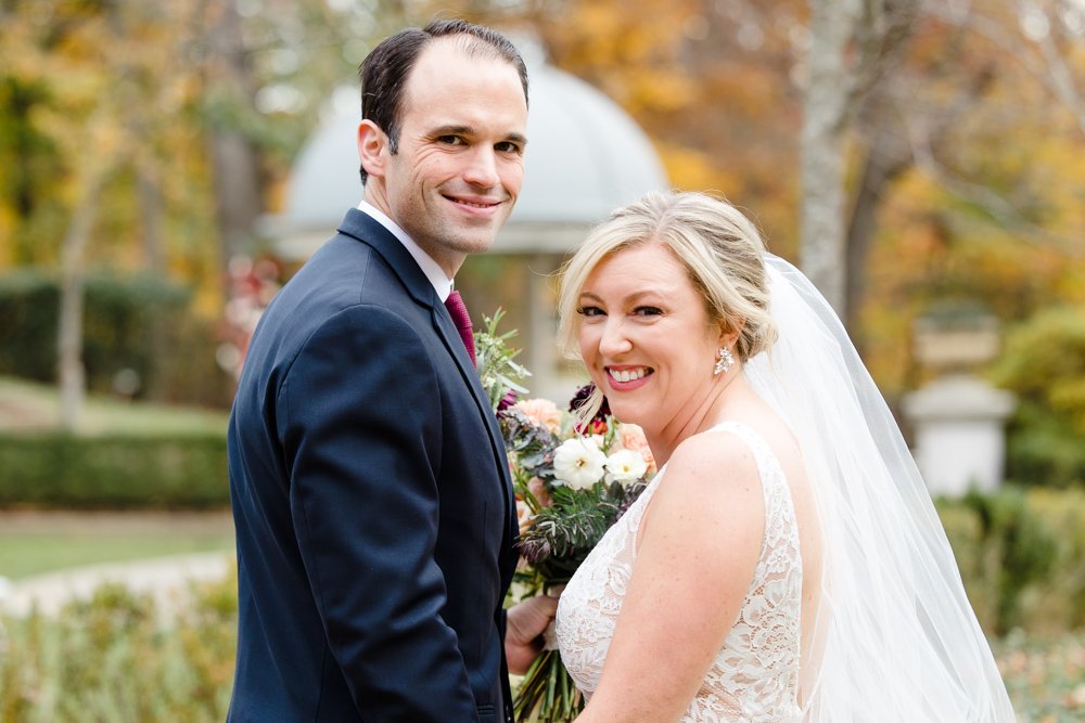 Smiling bride and groom