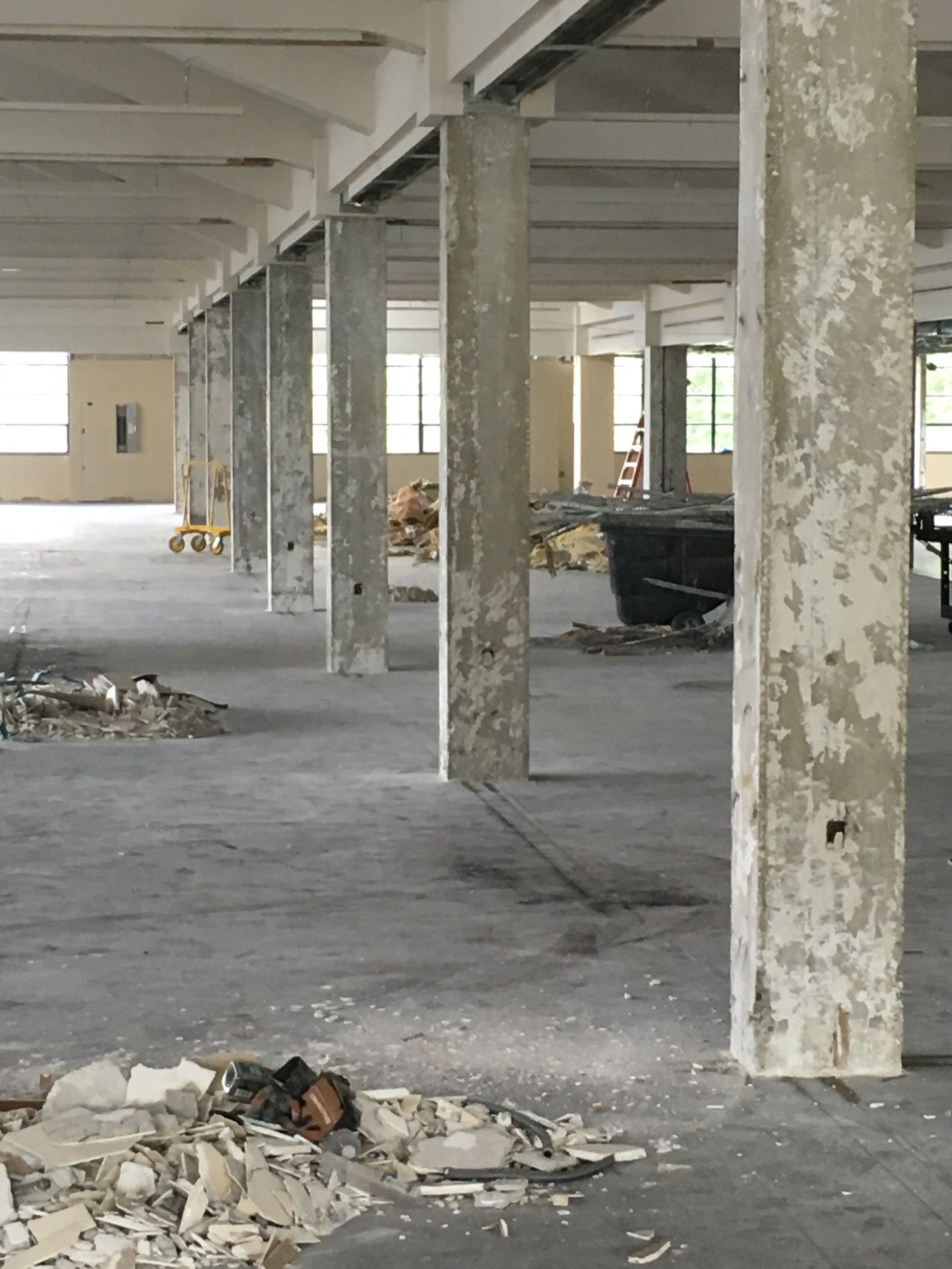 Plaster removed from columns to reveal concrete.