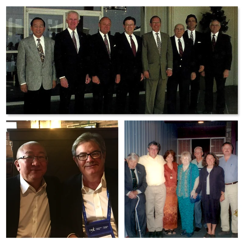 (top) mk gold board 1994: steven chi, sen gordon humphrey, james miscol, daniel kunz, william agee, robert hansberger, robert “bobby” shriver, robert tinstman. (bottom left) kunz with mongolian deputy minister of mines jargalshain, (bottom right) anaconda metallurgist lester zeihen, daniel and carol kunz, dana and george burns sr, mary jane and dr george brimhall